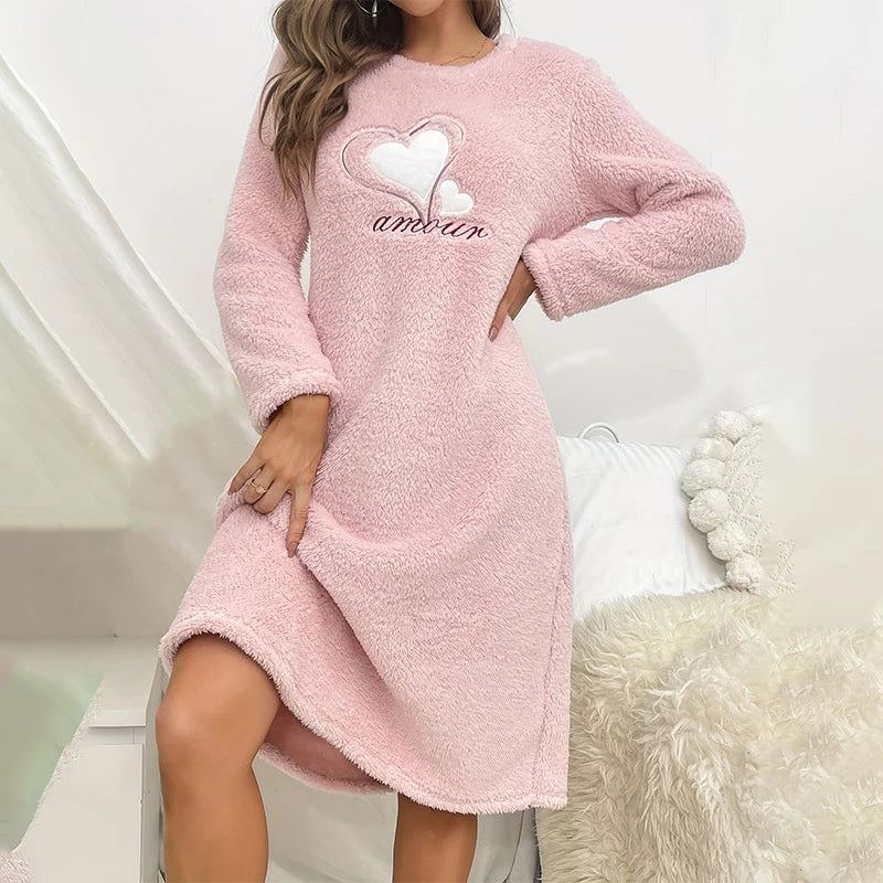 Chemise de Nuit en Flanelle Rose Manches Longues