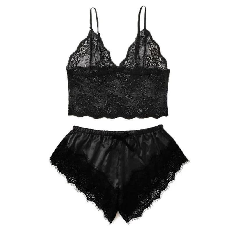 Ensemble Pyjama en Dentelle Noire à Bretelles Sexy