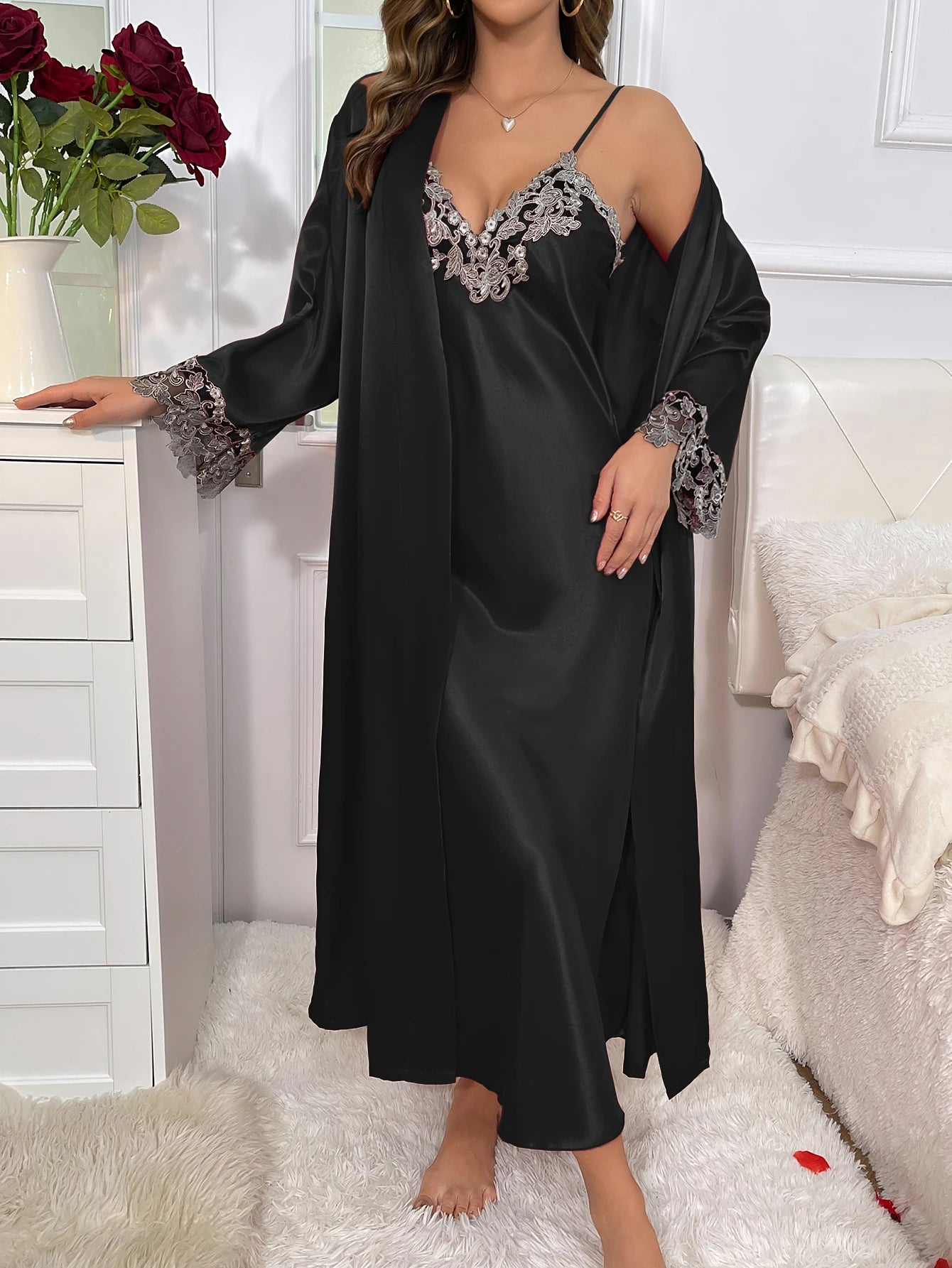 Ensemble Pyjama en Dentelle Col en V Sexy #3