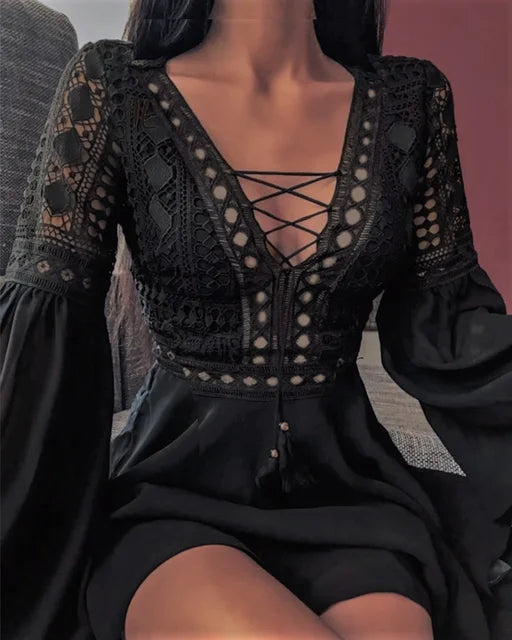 Robe Courte en Mousseline de Soie Noire Col en V d'été
